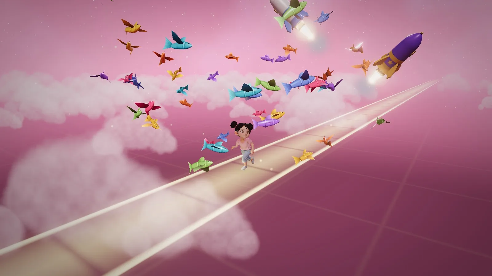 Naya court sur un chemin de lumière entourée de poissons volants et de fusées, dans le clip « Dans ma tête »