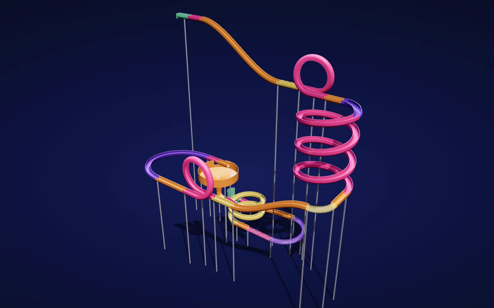 Une grande machine à billes en 3D construite dans Loopsy : looping, spirale, entonnoir