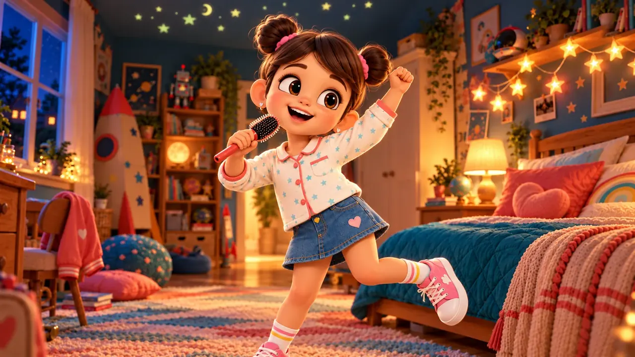 Naya chante avec une brosse à cheveux dans sa chambre, le soir